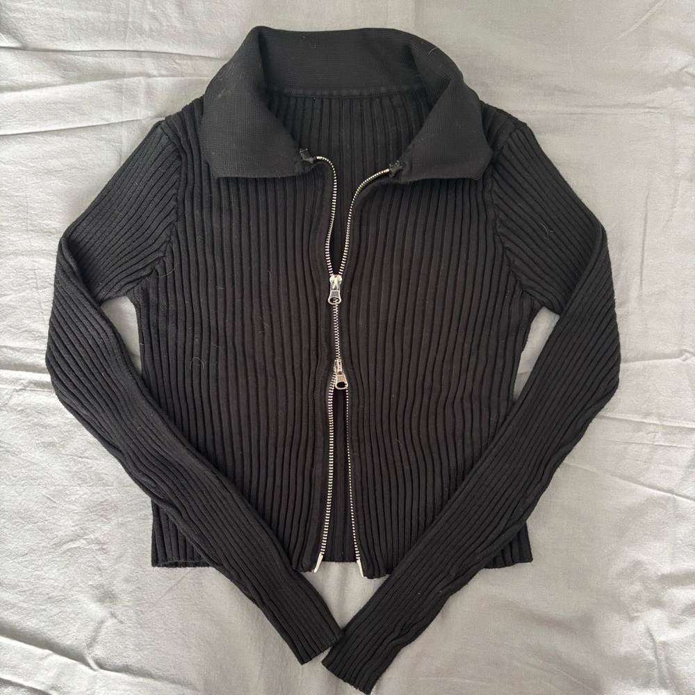 Black Ribbed Zip-Up Sweater